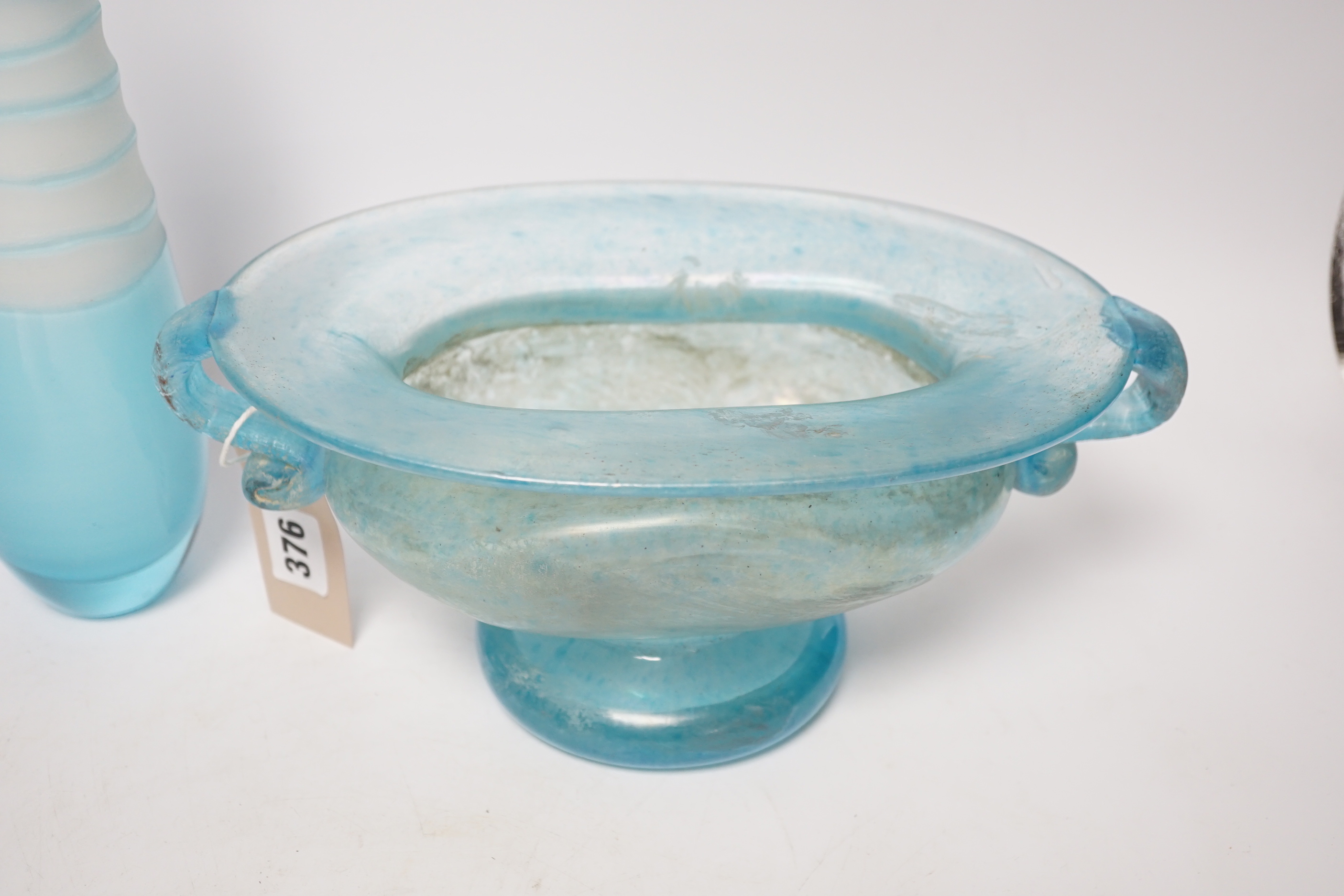 A Roman style two handled glass vase, a Kosta Boda bowl and two art glass vases, tallest 26.5cm